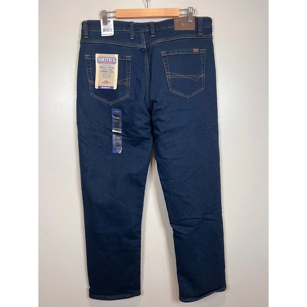NWT Smith's Workwear Fleece-Lined Jeans Relaxed Stretch Denim Mens 38x34 Dark